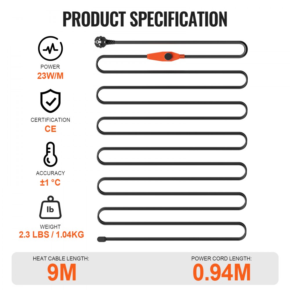 VEVOR Cavo Riscaldante per Tubi Lunghezza da 9m 23 W/m per Tubi con Termostato Integrato, Cavo Riscaldante per Tubi dell'Acqua Protezione Tubi in PVC, Tubi in Metallo e Plastica dal Congelamento