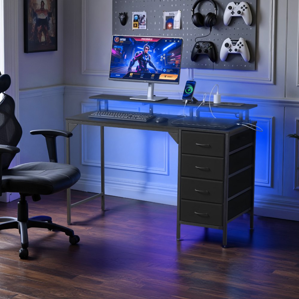 VEVOR Scrivania per Computer, Tavolo da Ufficio con Luci LED Intelligenti e Prese di Corrente, Scrivania Gaming Ergonomica con 4 Cassetti e Supporto per Monitor per Studio, Soggiorno, Ufficio Nero
