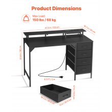 VEVOR Scrivania per Computer, Tavolo da Ufficio con Luci LED Intelligenti e Prese di Corrente, Scrivania Gaming Ergonomica con 4 Cassetti e Supporto per Monitor per Studio, Soggiorno, Ufficio Nero
