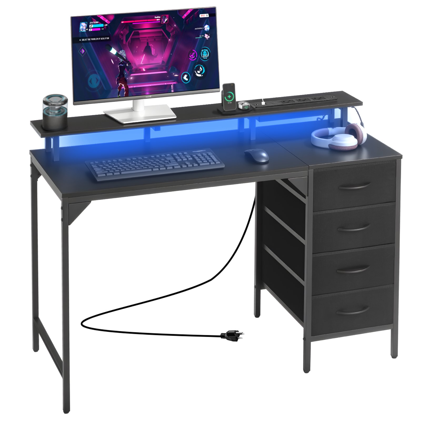 VEVOR Scrivania per Computer, Tavolo da Ufficio con Luci LED Intelligenti e Prese di Corrente, Scrivania Gaming Ergonomica con 4 Cassetti e Supporto per Monitor per Studio, Soggiorno, Ufficio Nero