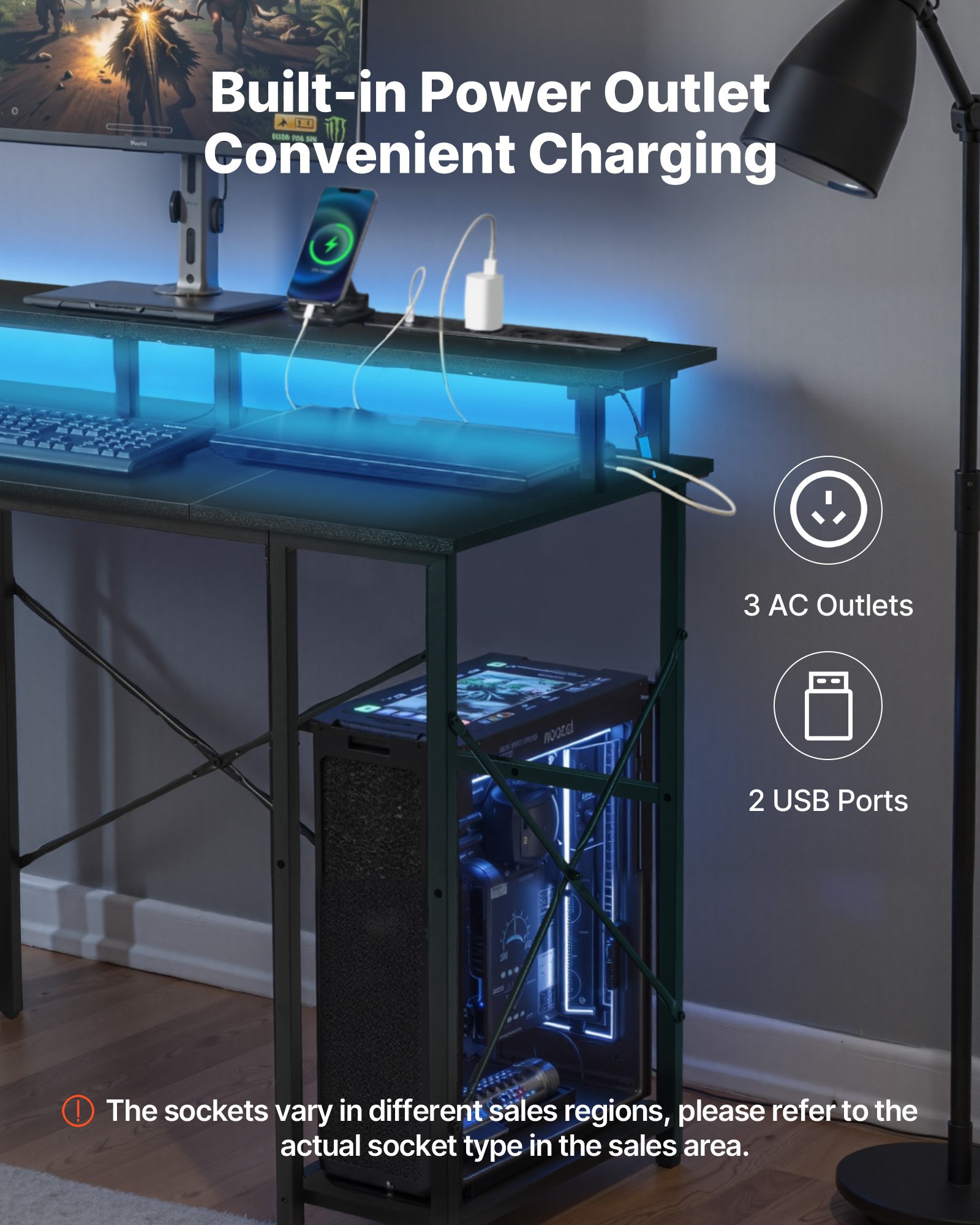 VEVOR Scrivania per Computer, Tavolo da Ufficio con Luci LED Intelligenti e Prese di Corrente, Scrivania Gaming Ergonomica con Supporto per Monitor e Ripiani Portaoggetti a 2 Livelli