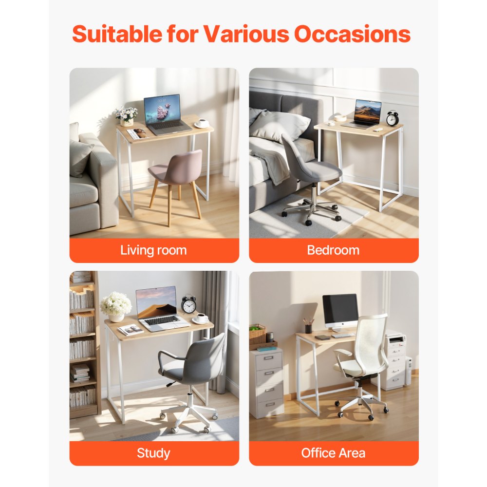 VEVOR Folding Desk, 80 cm Small Foldable Table for Compact Spaces, Space Saving Computer Table, Sturdy Particleboard with Storage Hooks, Writing Workstation for Home Office, Easy Assembly, Oak