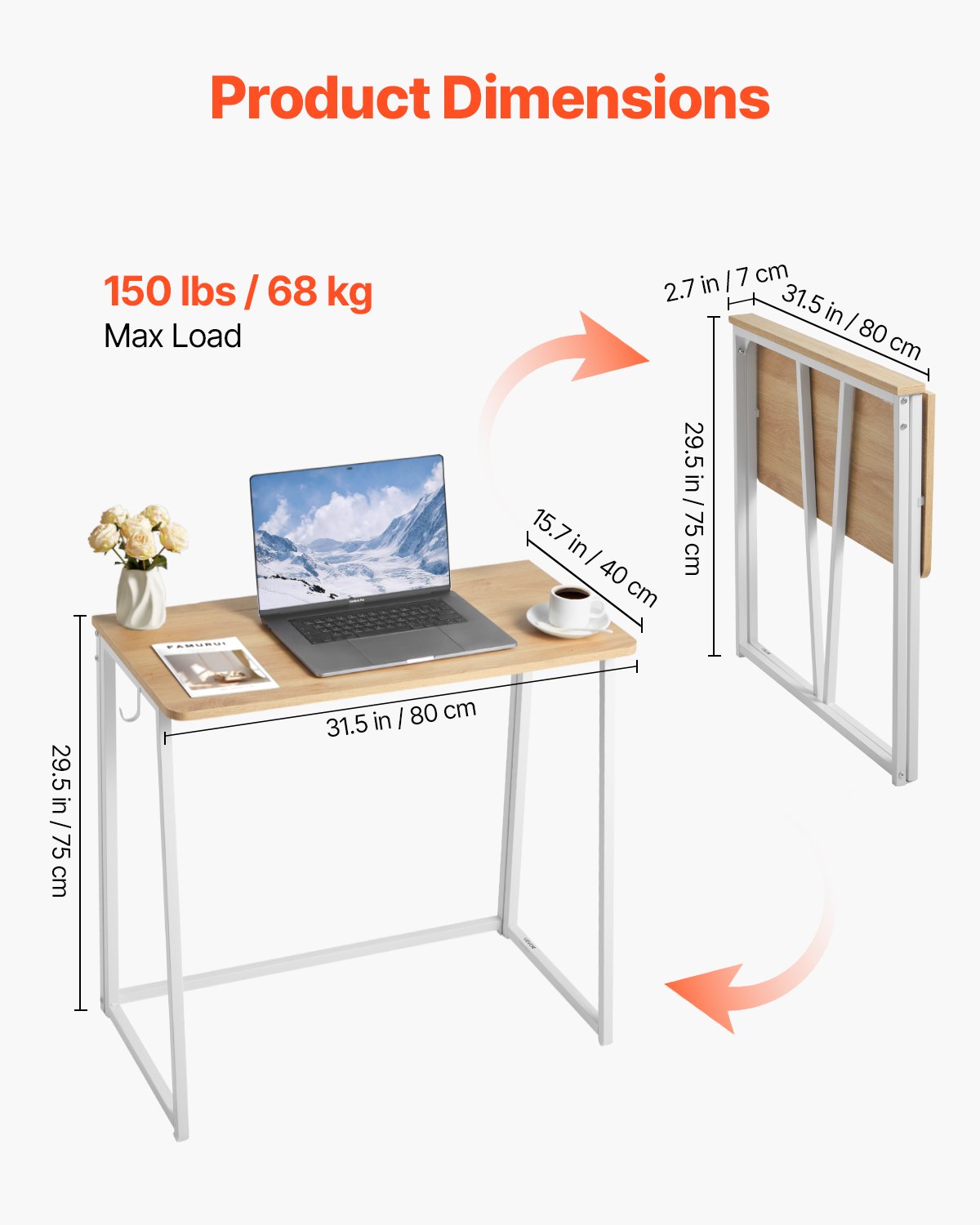 VEVOR Folding Desk, 80 cm Small Foldable Table for Compact Spaces, Space Saving Computer Table, Sturdy Particleboard with Storage Hooks, Writing Workstation for Home Office, Easy Assembly, Oak