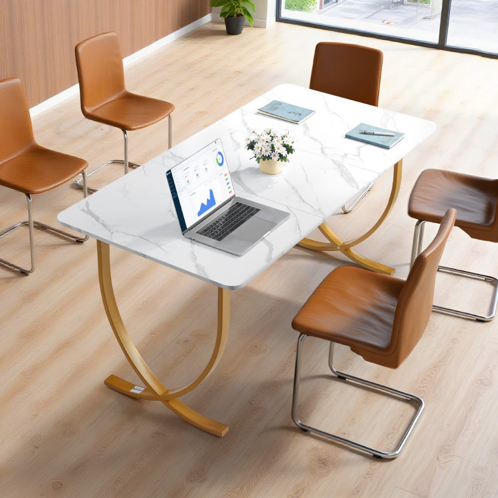 VEVOR Executive Desk, 160 cm W x 80 cm D Large Office Desk, Modern Computer Table Conference Meeting Room Table, Business Furniture Enlarged Desktop for Home Office, White and Gold