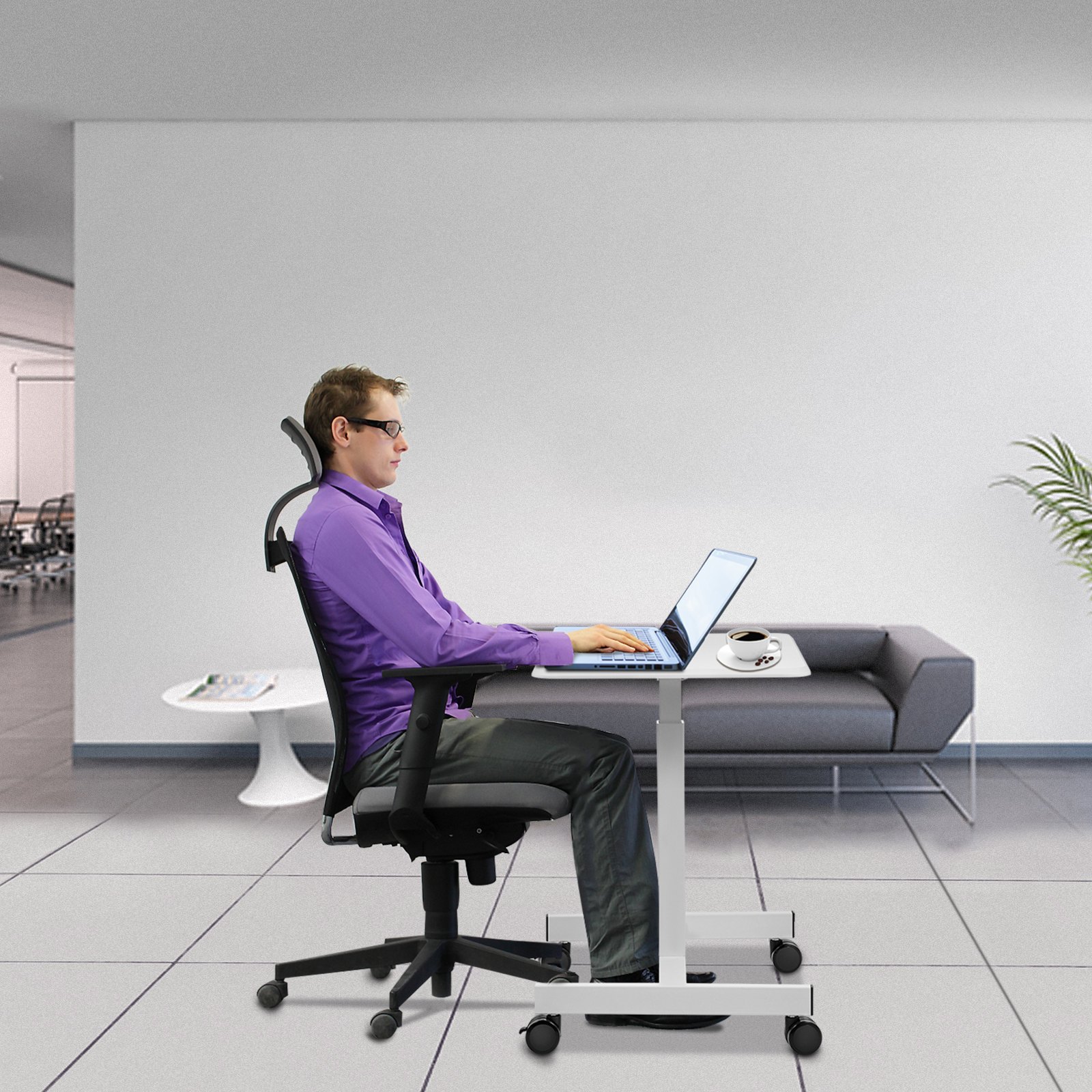 VEVOR Tavolo Mobile di Laptop con 4 Ruote Materiale in Acciaio e Scheda di Densità P2, Tavolo Regolabile per Computer Portatile da 76-110cm Colore Bianco, Uso per Ufficio, Classe, Casa, Ospedale, ecc.