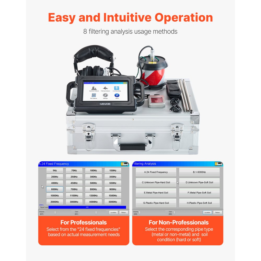 VEVOR Rilevatore di Perdite d'Acqua per Tubi, 1Hz-5000 Hz, Localizzatore di Perdite per Tubi Profondi 2 m, con Touchscreen e Sensore, 3 Aste di Ascolto, Cuffie, Scheda da 8 GB e Custodia