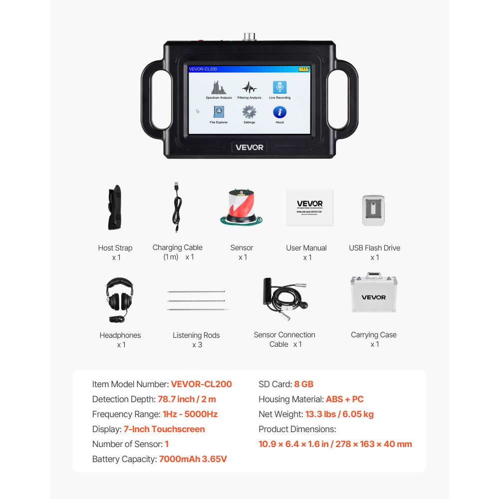 VEVOR Rilevatore di Perdite d'Acqua per Tubi, 1Hz-5000 Hz, Localizzatore di Perdite per Tubi Profondi 2 m, con Touchscreen e Sensore, 3 Aste di Ascolto, Cuffie, Scheda da 8 GB e Custodia
