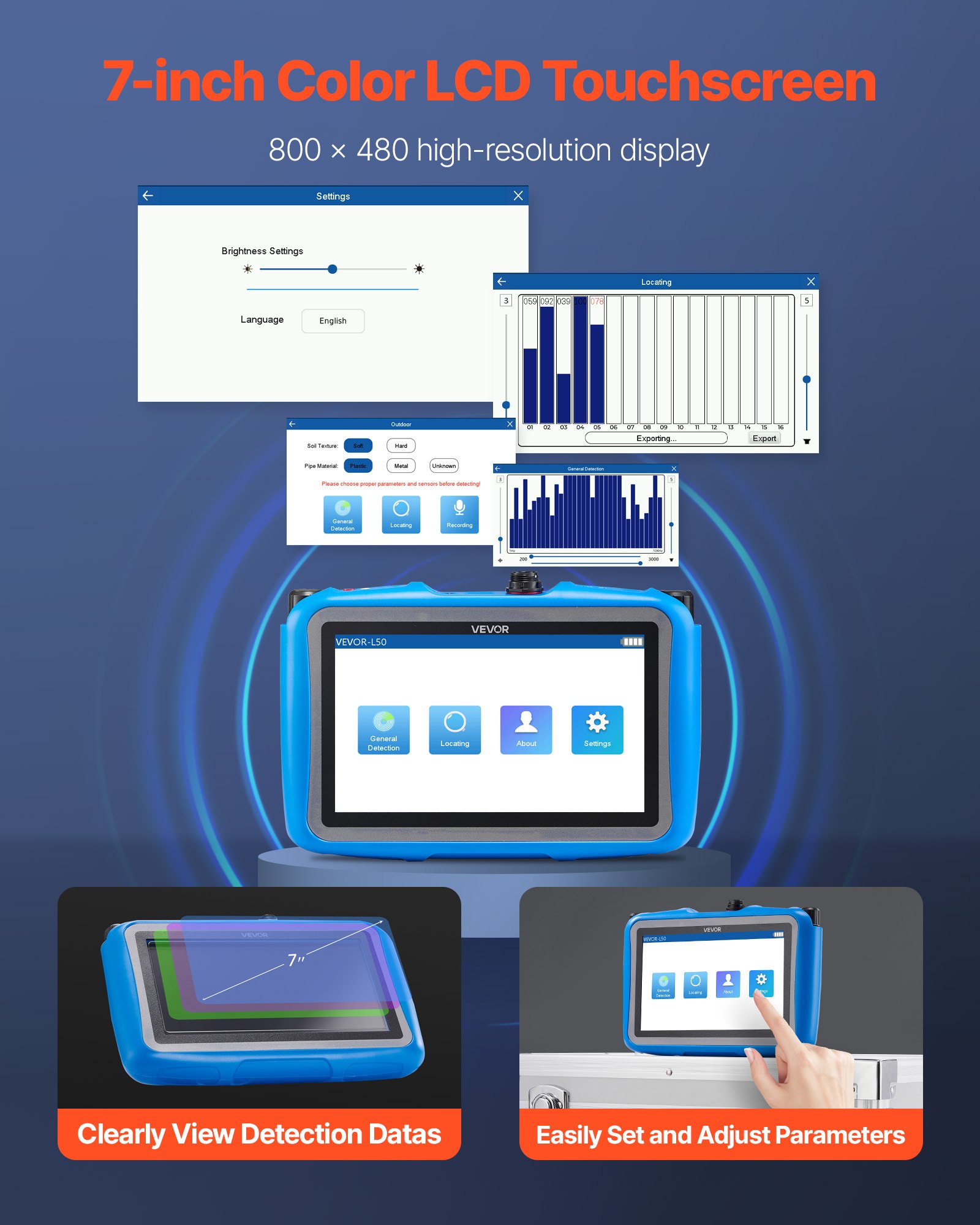 VEVOR Rilevatore di Perdite d'Acqua per Interni, 1Hz-10000Hz, localizzatore di Perdite d'Acqua per Impianti Idraulici con Touchscreen , Sensori Orizzontali e Verticali, Cuffie, Scheda SD e Custodia