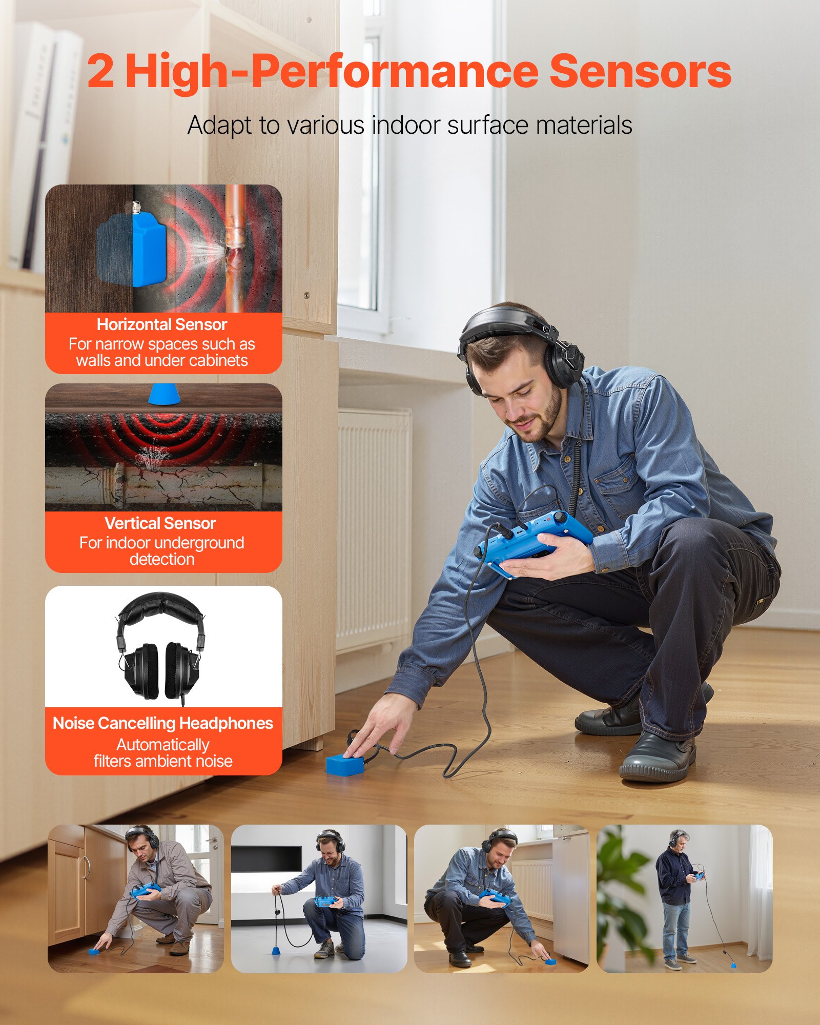 VEVOR Rilevatore di Perdite d'Acqua per Interni, 1Hz-10000Hz, localizzatore di Perdite d'Acqua per Impianti Idraulici con Touchscreen , Sensori Orizzontali e Verticali, Cuffie, Scheda SD e Custodia