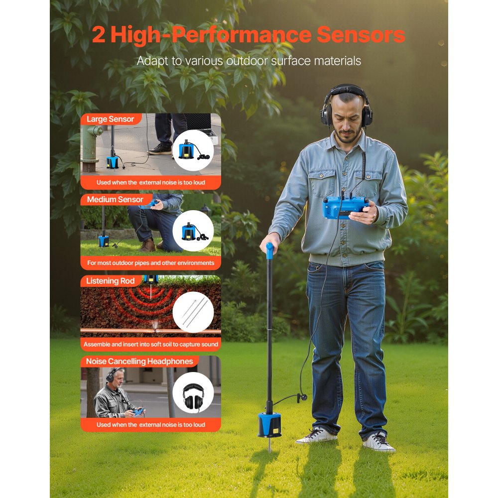 VEVOR Rilevatore di Perdite d'Acqua per Tubi, 1Hz-10000Hz, localizzatore di Perdite Touchscreen per Tubature Sotterranee da 5 m, con Sensore Medio e Grande, 3 Aste di Ascolto, Cuffie e Custodia