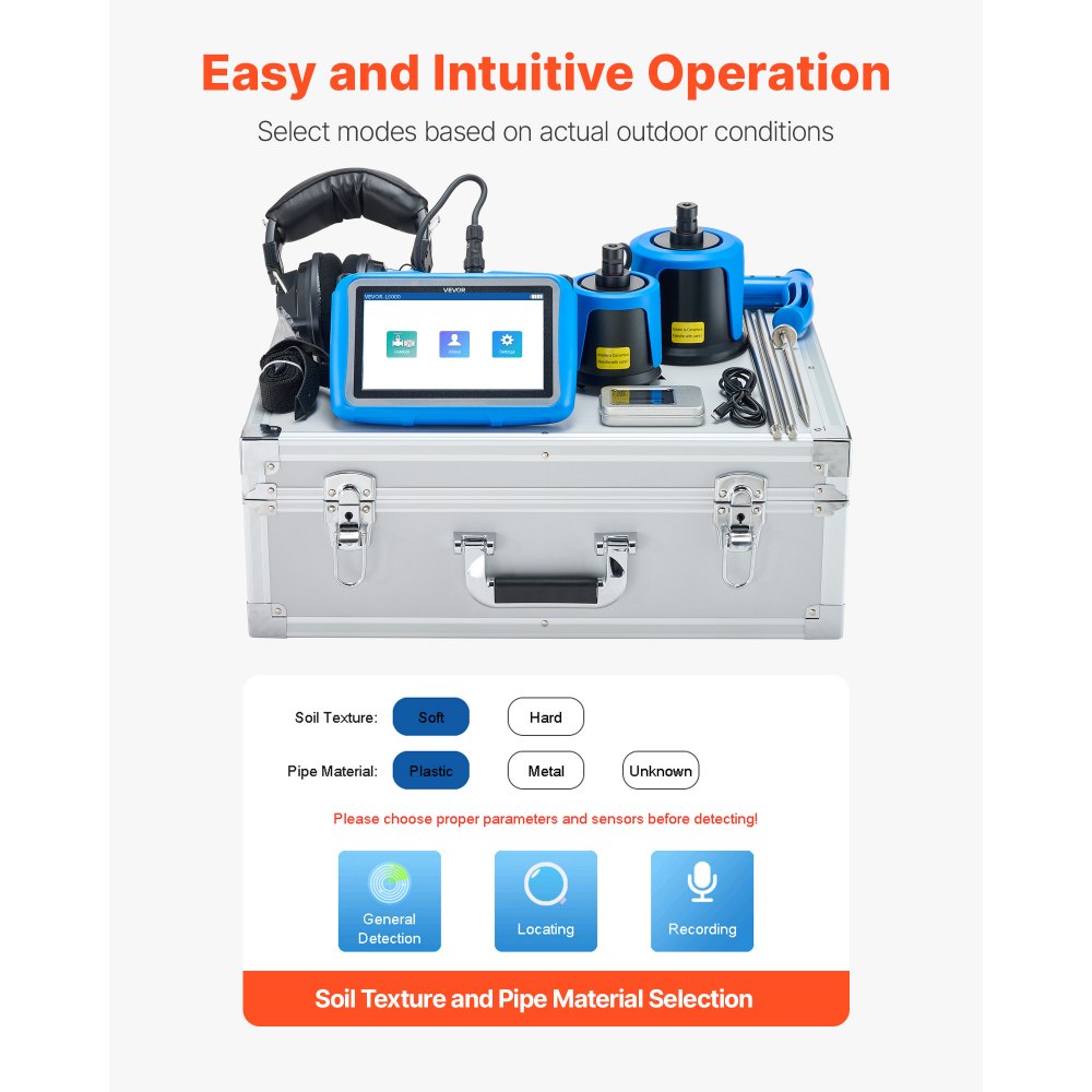 VEVOR Rilevatore di Perdite d'Acqua per Tubi, 1Hz-10000Hz, localizzatore di Perdite Touchscreen per Tubature Sotterranee da 5 m, con Sensore Medio e Grande, 3 Aste di Ascolto, Cuffie e Custodia