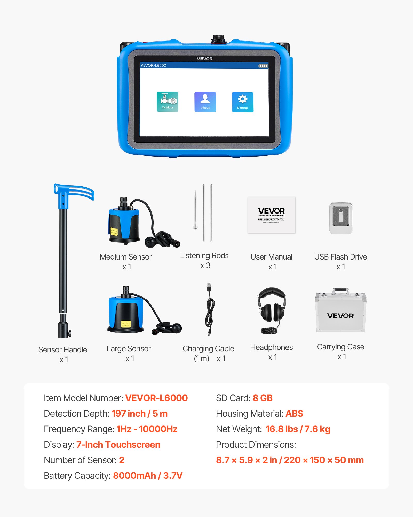 VEVOR Rilevatore di Perdite d'Acqua per Tubi, 1Hz-10000Hz, localizzatore di Perdite Touchscreen per Tubature Sotterranee da 5 m, con Sensore Medio e Grande, 3 Aste di Ascolto, Cuffie e Custodia