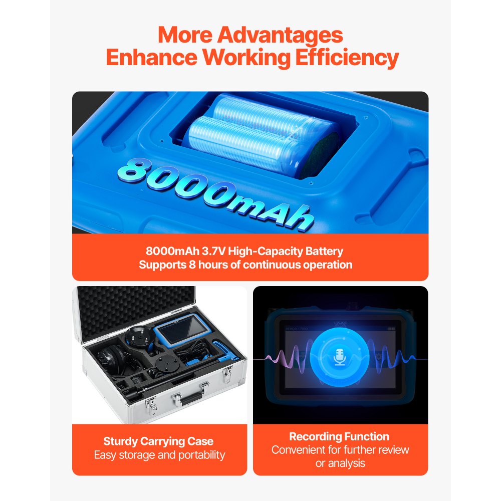 VEVOR Rilevatore di Perdite d'Acqua con 4 Sensori, 1Hz-10000Hz, Localizzatore di Perdite Idrauliche Sotterranee con Touchscreen, 3 Aste di Sscolto, Cuffie, Scheda da 8 GB e Custodia