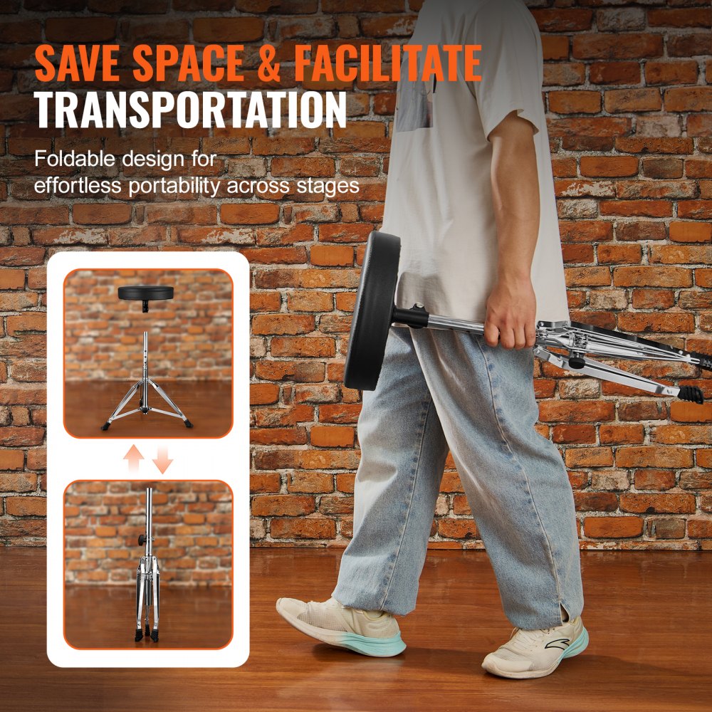 VEVOR Sgabello per Batteria, Sgabello Regolabile Sedile Imbottito Piedini Antiscivolo Bacchette 5A, Sedia per Batteria Girevole a 360° Batteristi in Altezza 490-585 mm Portata Massima Peso 150 kg