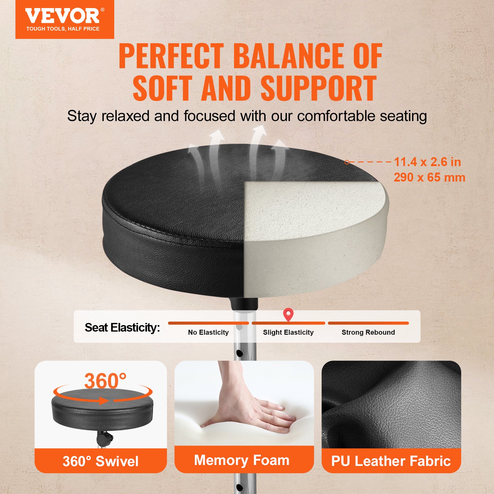 VEVOR Sgabello per Batteria, Sgabello Regolabile Sedile Imbottito Piedini Antiscivolo Bacchette 5A, Sedia per Batteria Girevole a 360° Batteristi in Altezza 490-585 mm Portata Massima Peso 150 kg