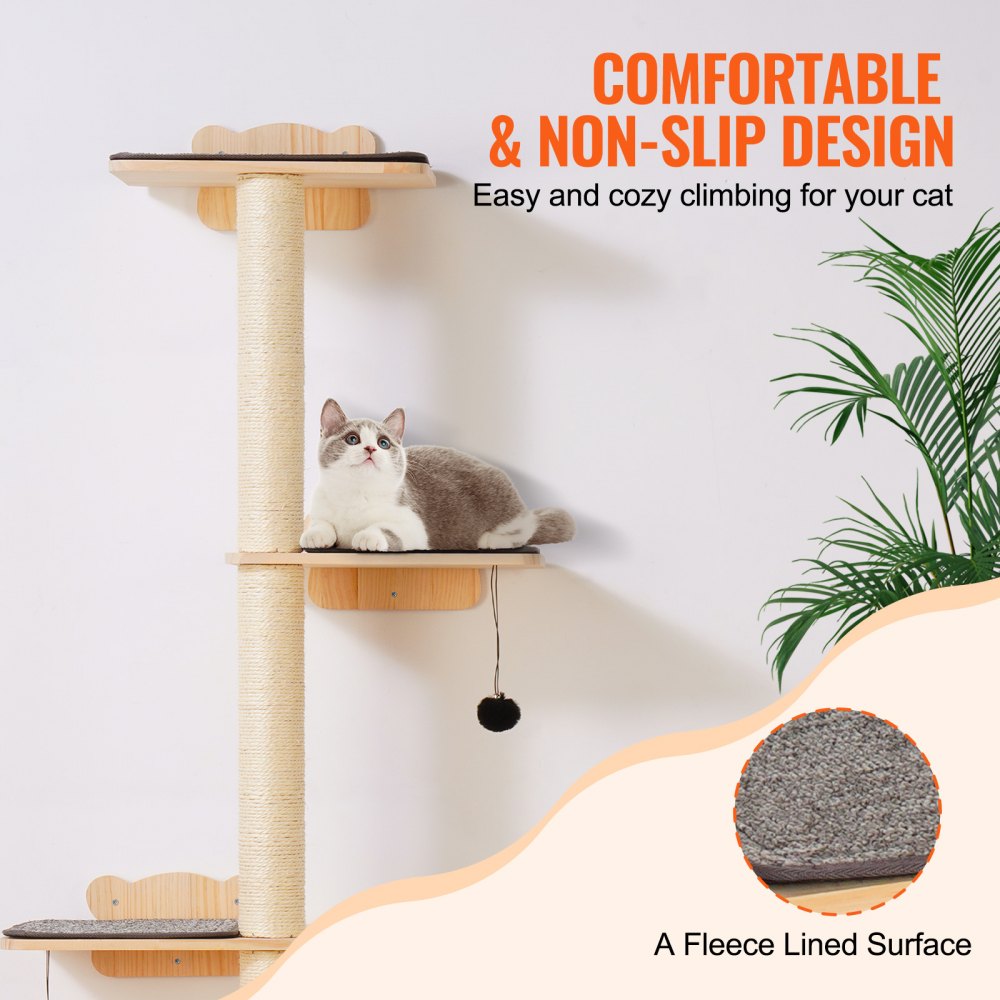 VEVOR 4-Level Cat Tree, Wall Furniture Set for Cats with 4 Jumping Platforms, Wall-Mounted Floating Cat Shelf up to 18 kg, 12 mm Pine Wood Cat Perch for Sleeping, Playing and Climbing