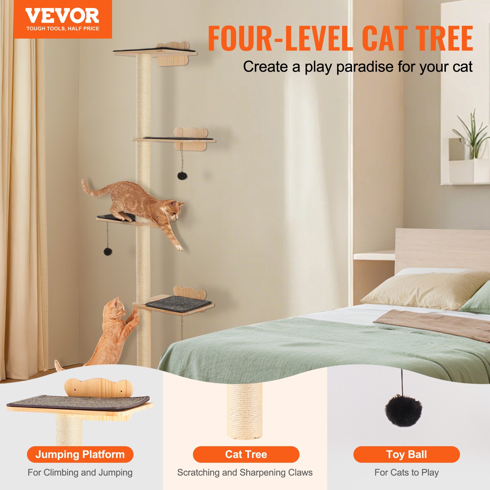 VEVOR Albero per Gatti a 4 Livelli, Set di Mobili da Parete per Gatti 35 x 27 cm con 4 Assi per Saltare, Trespolo per Gatti in Legno di Pino 12 mm Fino a 18,14 kg per Dormire, Giocare, Arrampicarsi