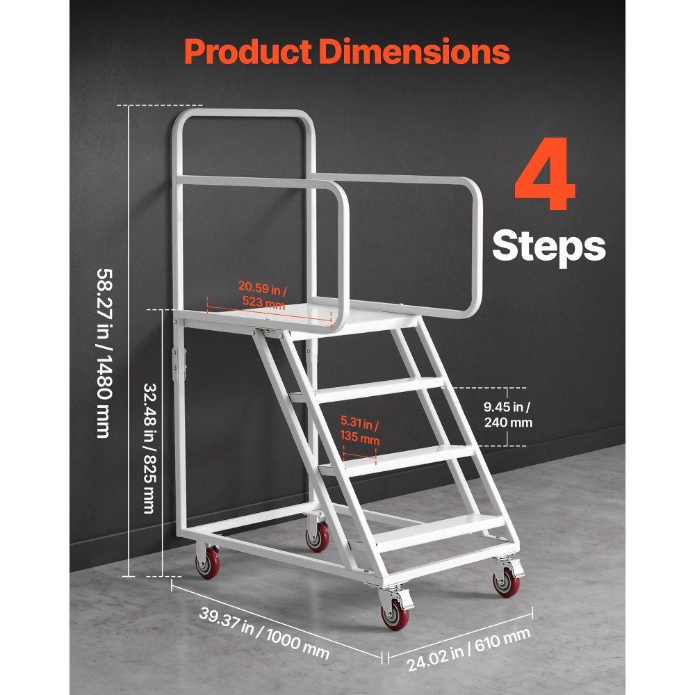 VEVOR Scala Mobile a 4 Gradini per Magazzino, Antiscivolo, Portata 400 kg, Struttura in acciaio legato con corrimano, gradini antiscivolo e ruote bloccabili, ideale per garage, biblioteche e fabbriche