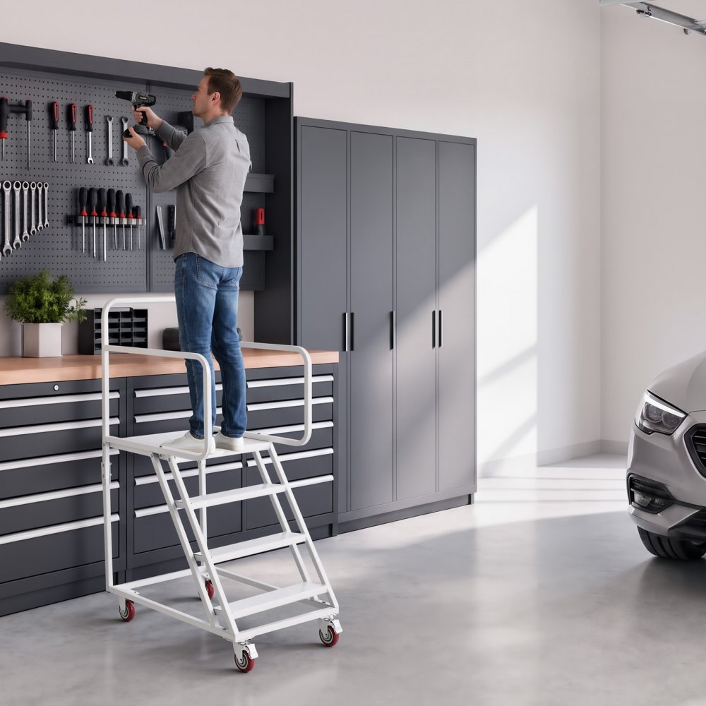 VEVOR Scala Mobile a 4 Gradini per Magazzino, Antiscivolo, Portata 400 kg, Struttura in acciaio legato con corrimano, gradini antiscivolo e ruote bloccabili, ideale per garage, biblioteche e fabbriche
