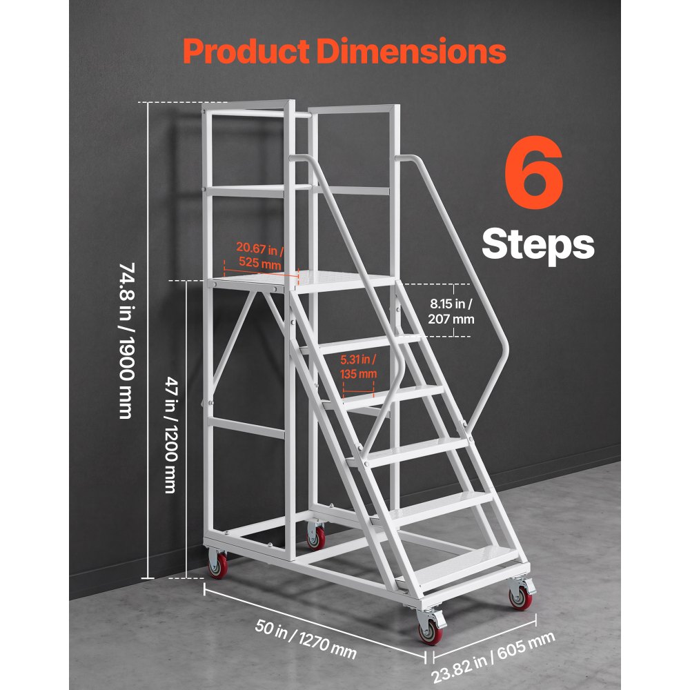 VEVOR Scala Mobile a 6 Gradini per Magazzino, Antiscivolo, Portata 500 kg, Struttura in acciaio legato con corrimano, gradini antiscivolo e ruote bloccabili, ideale per garage, biblioteche e fabbriche