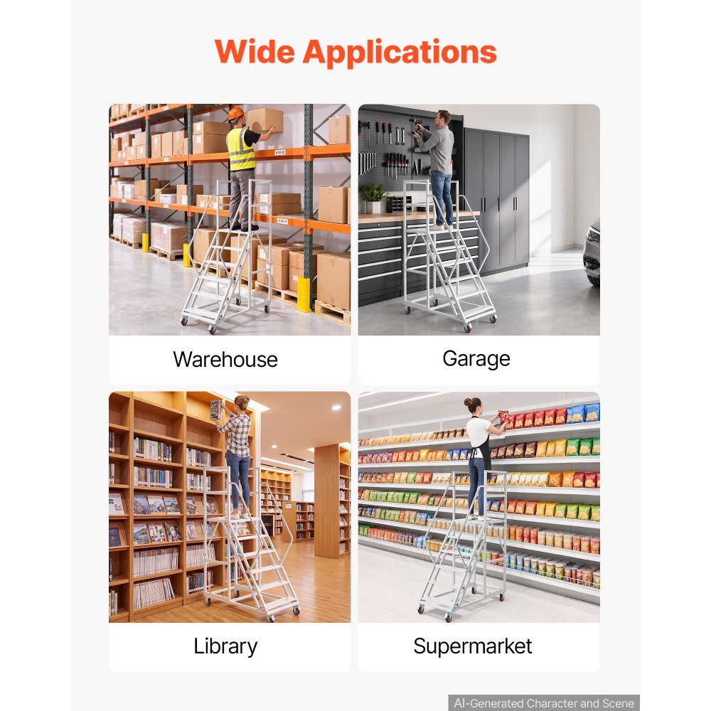 VEVOR Scala Mobile a 6 Gradini per Magazzino, Antiscivolo, Portata 500 kg, Struttura in acciaio legato con corrimano, gradini antiscivolo e ruote bloccabili, ideale per garage, biblioteche e fabbriche