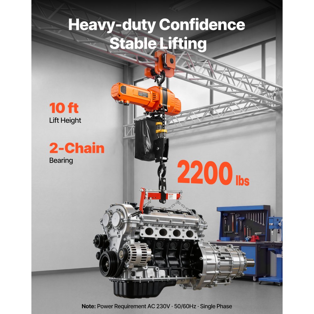 VEVOR 1000 kg Electric Chain Hoist, 3 m Lifting Height, 230V Single Phase Overhead Crane with 100 m Wireless & 2.4 m Wired Remote Control, Power Electric Hoist for Factories, Warehouses, Garages