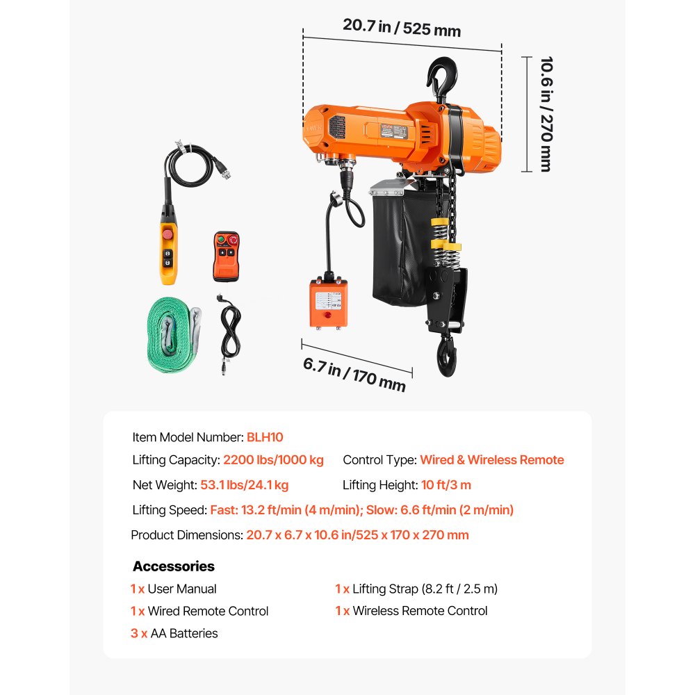 VEVOR 1000 kg Electric Chain Hoist, 3 m Lifting Height, 230V Single Phase Overhead Crane with 100 m Wireless & 2.4 m Wired Remote Control, Power Electric Hoist for Factories, Warehouses, Garages