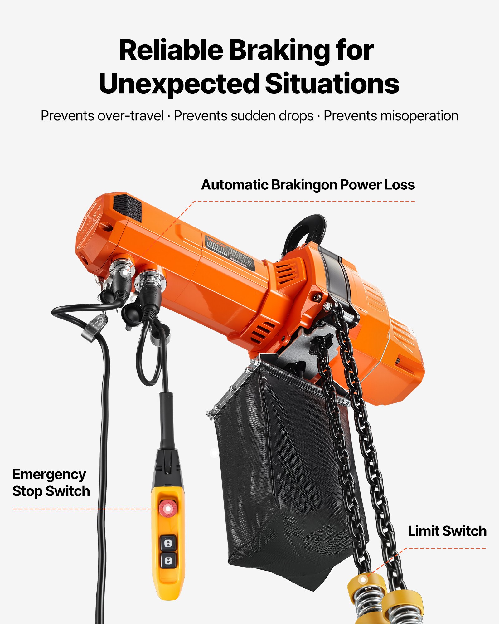 VEVOR 1000 kg Electric Chain Hoist, 3 m Lifting Height, 230V Single Phase Overhead Crane with 100 m Wireless & 2.4 m Wired Remote Control, Power Electric Hoist for Factories, Warehouses, Garages