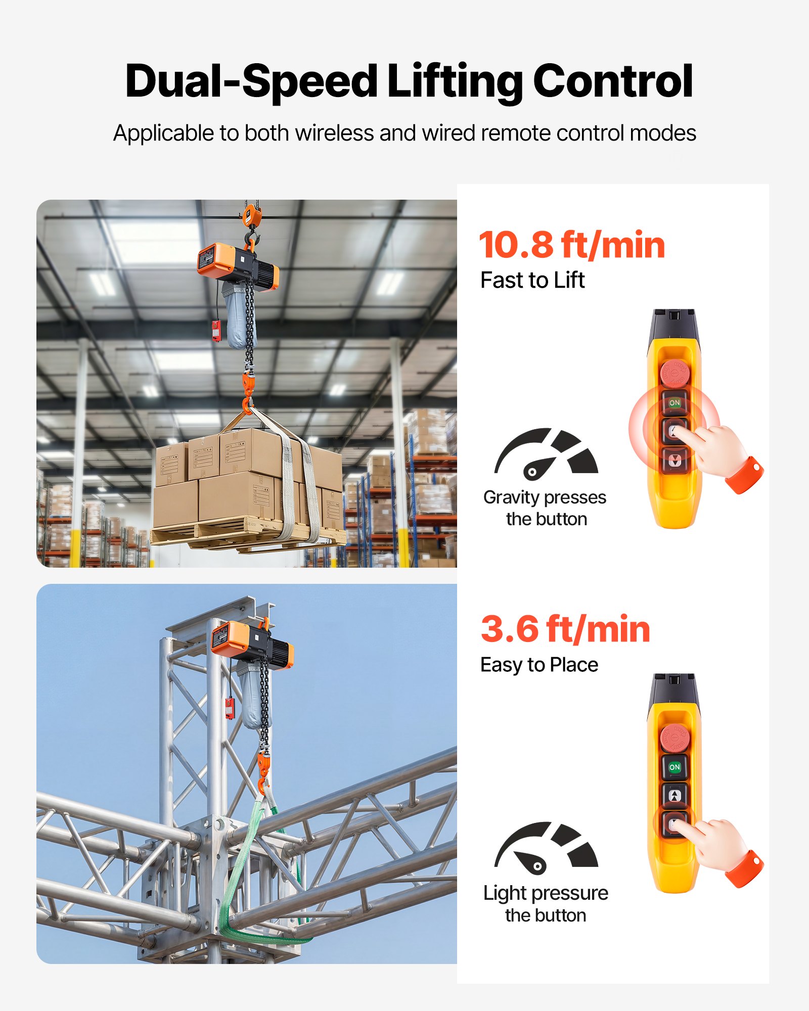 VEVOR Paranco Elettrico a Catena Fisso da 5000 kg, Paranco a Catena Doppia G100, Altezza di Sollevamento 9,1 m, con Telecomando Wireless da 100 m e Telecomando Cablato da 8,2 m, Trifase per Fabbriche