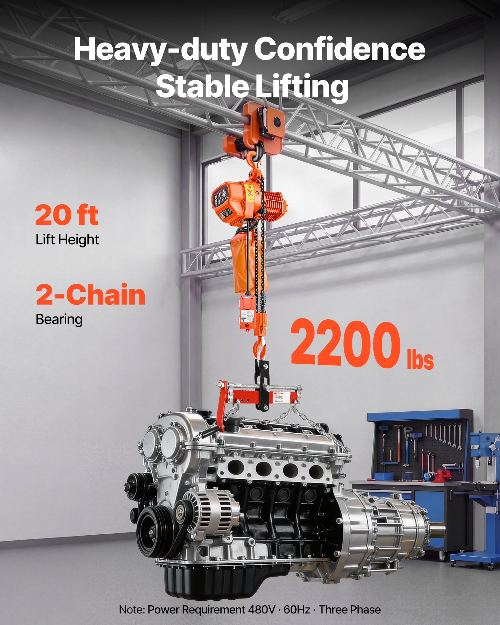 VEVOR Paranco Elettrico a Catena Fisso da 1000 kg, Paranco a Catena Doppia G80, Altezza di Sollevamento 6 m, con Telecomando Wireless da 100 m e Telecomando Cablato da 4,5 m, Trifase per Fabbriche