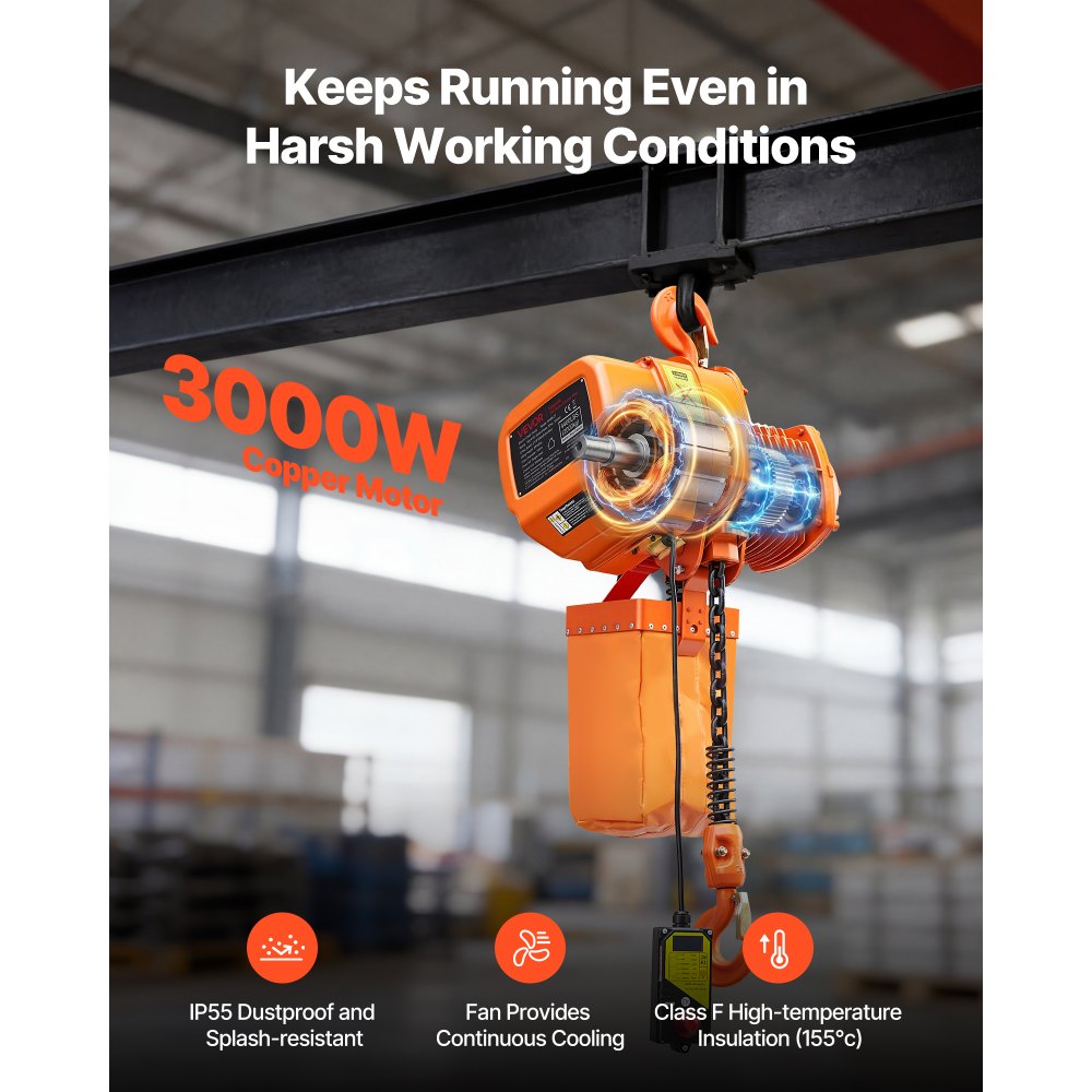 VEVOR Paranco Elettrico a Catena Fisso da 2000 kg, Paranco del Carico a Catena Singolo G100, Altezza di Sollevamento 6 m, con Telecomando Wireless da 100 m, Trifase per Fabbriche, Garage e Magazzini