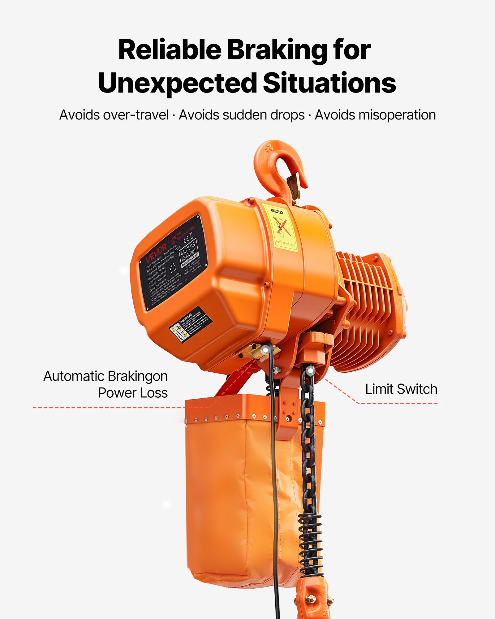 VEVOR Paranco Elettrico a Catena Fisso da 2000 kg, Paranco del Carico a Catena Singolo G100, Altezza di Sollevamento 6 m, con Telecomando Wireless da 100 m, Trifase per Fabbriche, Garage e Magazzini