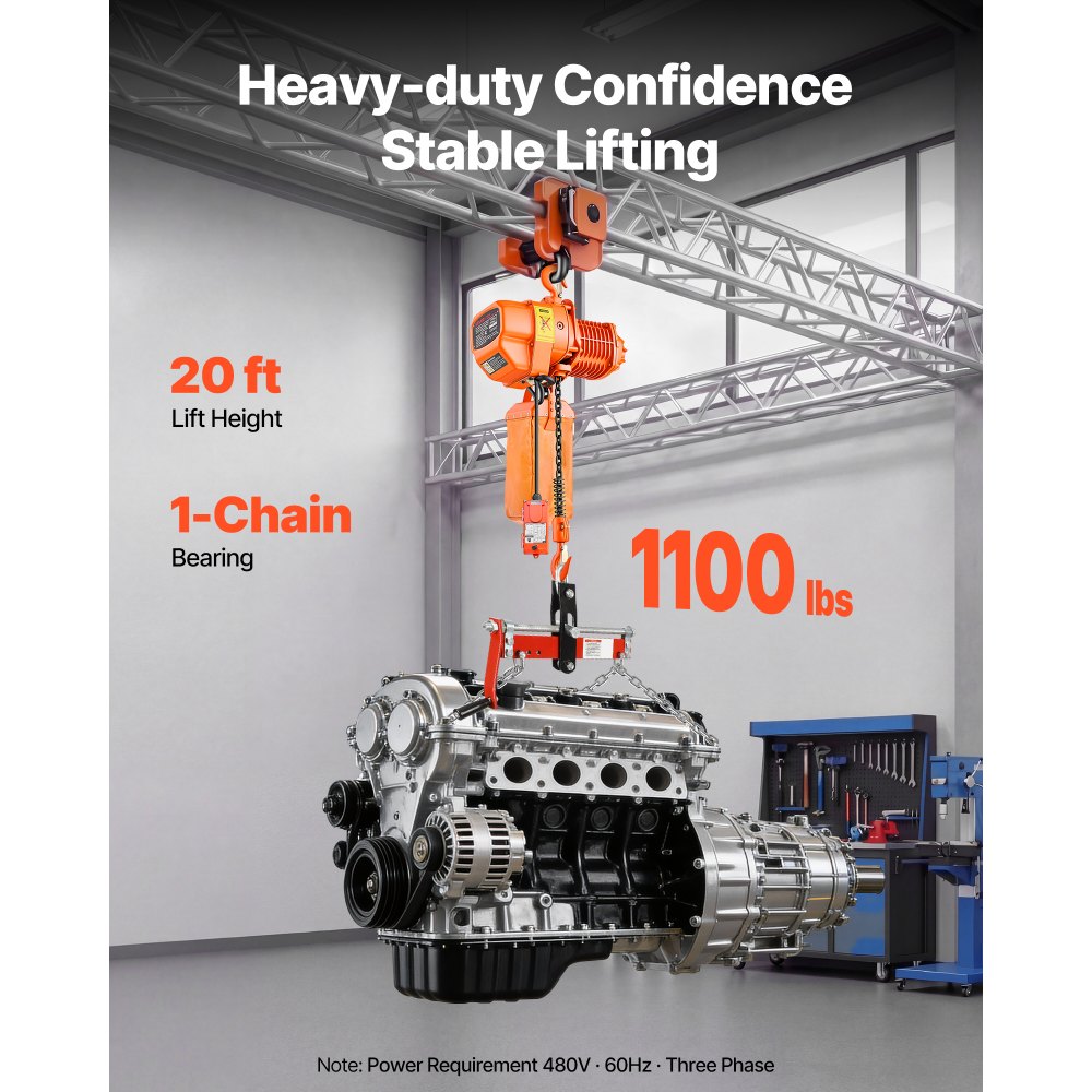 VEVOR 500 kg Electric Chain Hoist, 6 m Lifting Height, Three-Phase Overhead Crane with 100 m Wireless & 4.5 m Wired Remote Control, Single G80 Chain Hoist for Factories, Warehouses, Garages