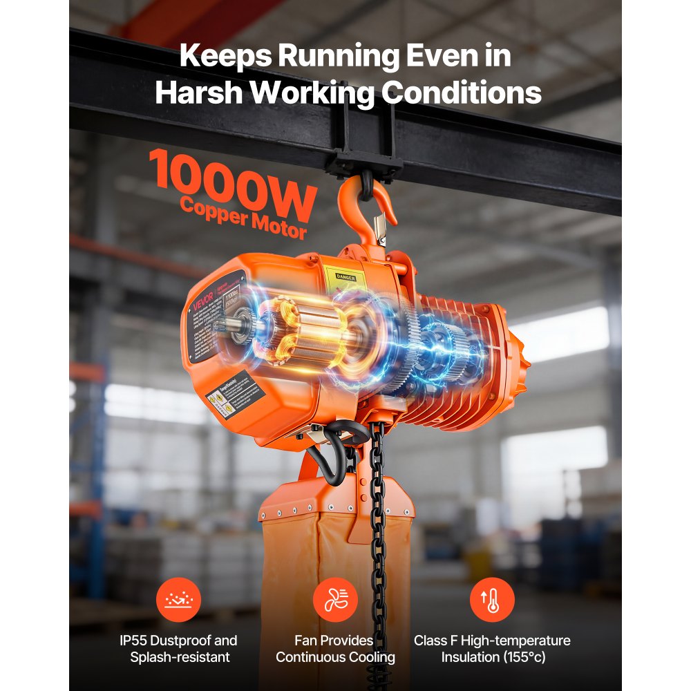 VEVOR 500 kg Electric Chain Hoist, 6 m Lifting Height, Three-Phase Overhead Crane with 100 m Wireless & 4.5 m Wired Remote Control, Single G80 Chain Hoist for Factories, Warehouses, Garages