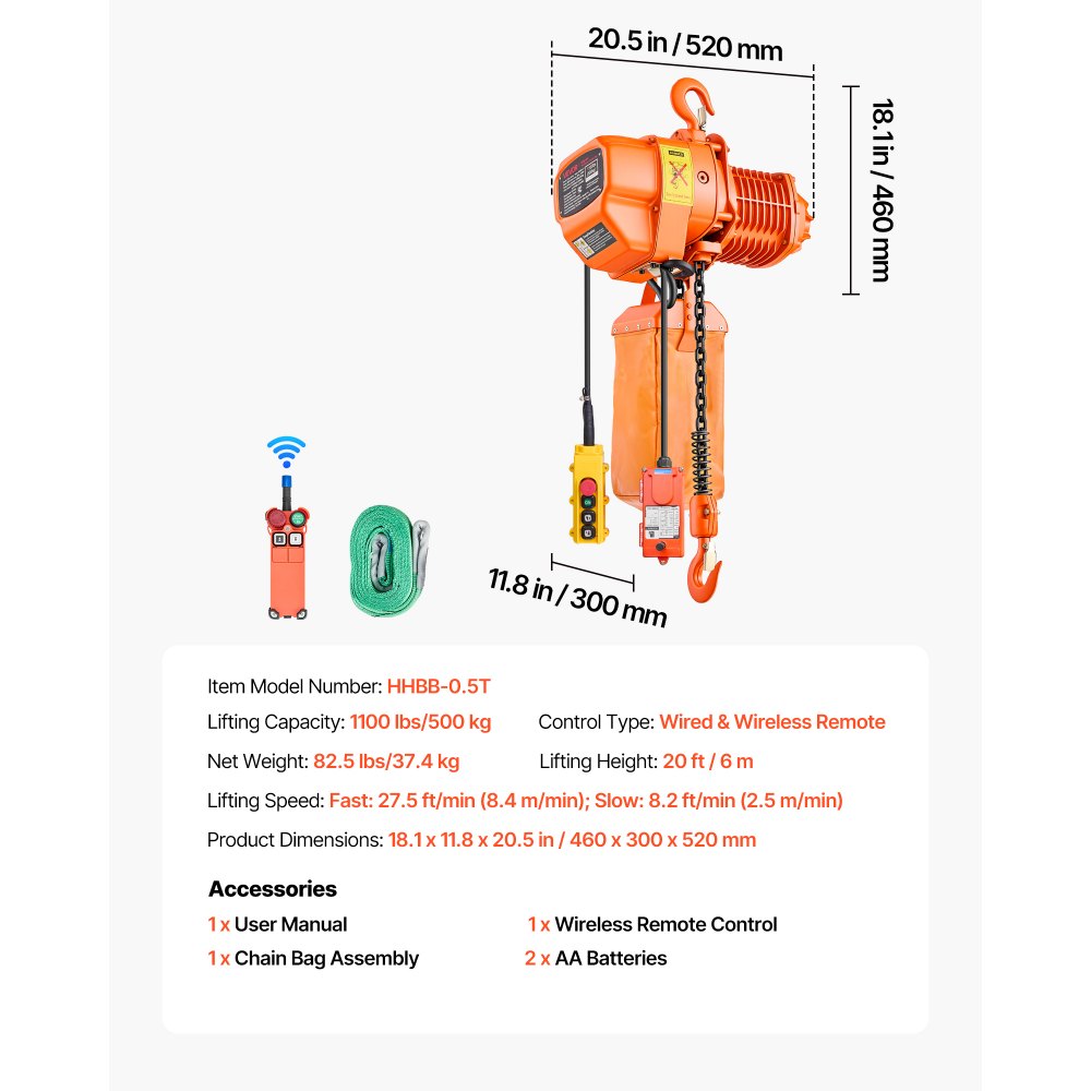 VEVOR 500 kg Electric Chain Hoist, 6 m Lifting Height, Three-Phase Overhead Crane with 100 m Wireless & 4.5 m Wired Remote Control, Single G80 Chain Hoist for Factories, Warehouses, Garages