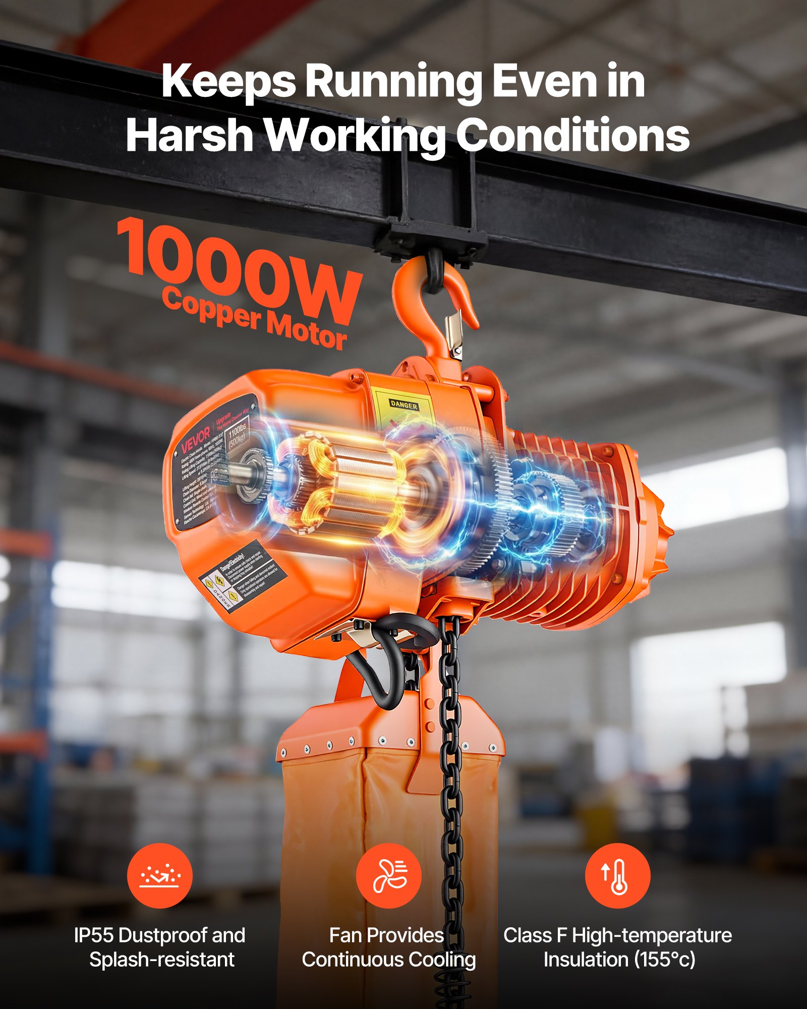 VEVOR 500 kg Electric Chain Hoist, 6 m Lifting Height, Three-Phase Overhead Crane with 100 m Wireless & 4.5 m Wired Remote Control, Single G80 Chain Hoist for Factories, Warehouses, Garages