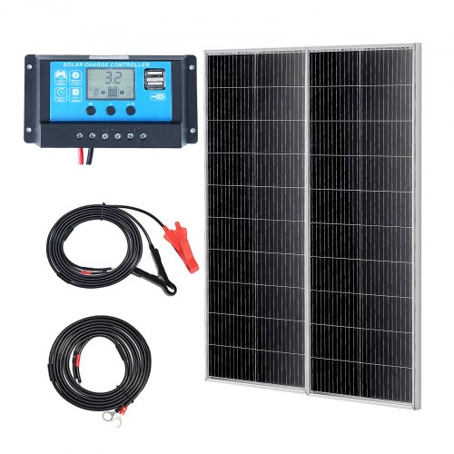 VEVOR Kit Pannello Solare Monocristallino 100Wx2 Pezzi con Regolatore di Carica, Modulo Fotovoltaico Monocristallino Impermeabile IP68 per Casa, Camper, Barca, Off-Grid, Set di 2 Pannelli Fotovoltaici