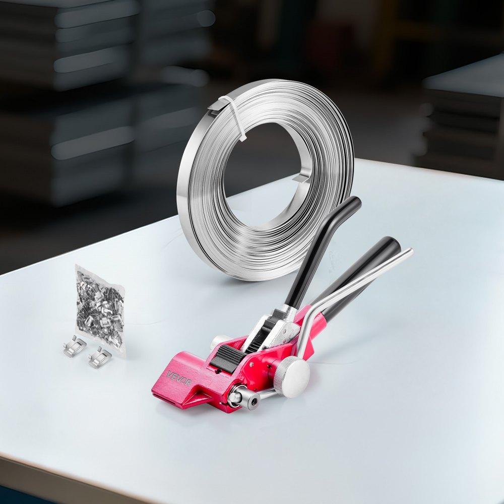 VEVOR Set di Reggiatura per Cinghie Metalliche, Kit di Reggiatrice Manuale per Pallet Resistente, Reggetta in Acciaio da 30,5 m, 100 Sigilli Metallici, per Magazzino Trasporto Imballaggio Industriale