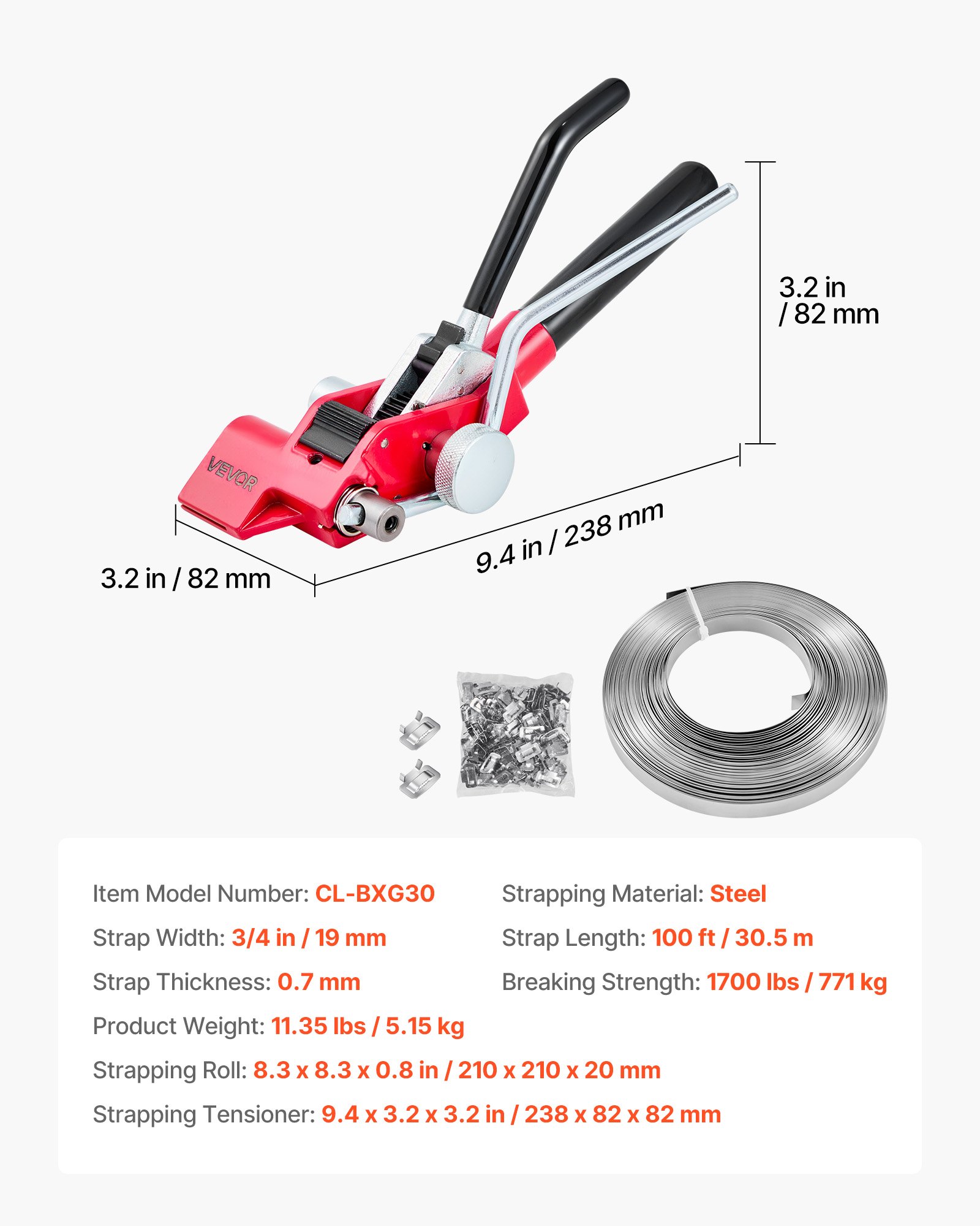 VEVOR Set di Reggiatura per Cinghie Metalliche, Kit di Reggiatrice Manuale per Pallet Resistente, Reggetta in Acciaio da 30,5 m, 100 Sigilli Metallici, per Magazzino Trasporto Imballaggio Industriale