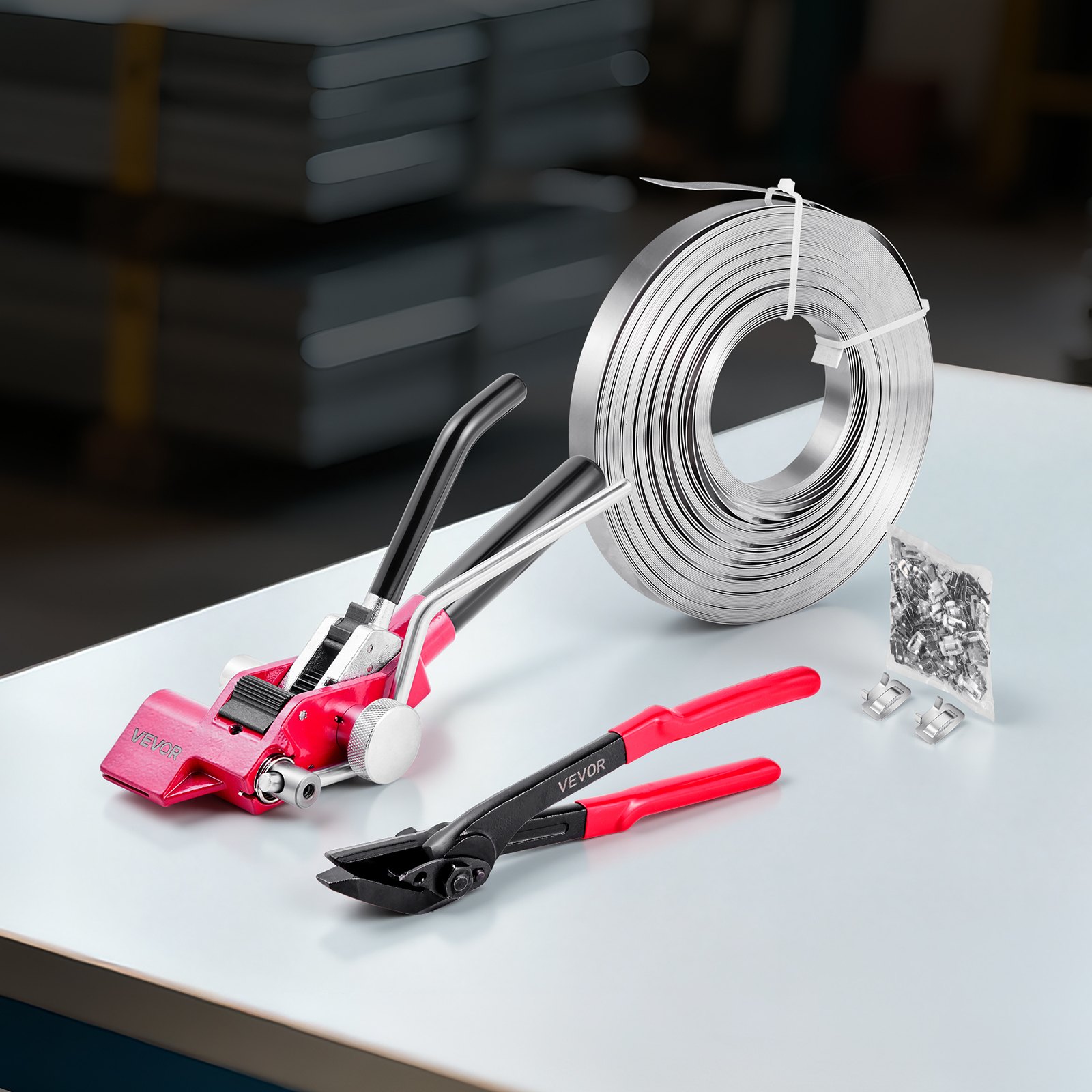 VEVOR Set di Reggiatura per Cinghie Metalliche, Kit di Reggiatrice Manuale per Pallet Resistente, Reggetta in Acciaio da 122 m, 400 Sigilli Metallici, per Magazzino Trasporto e Imballaggio Industriale