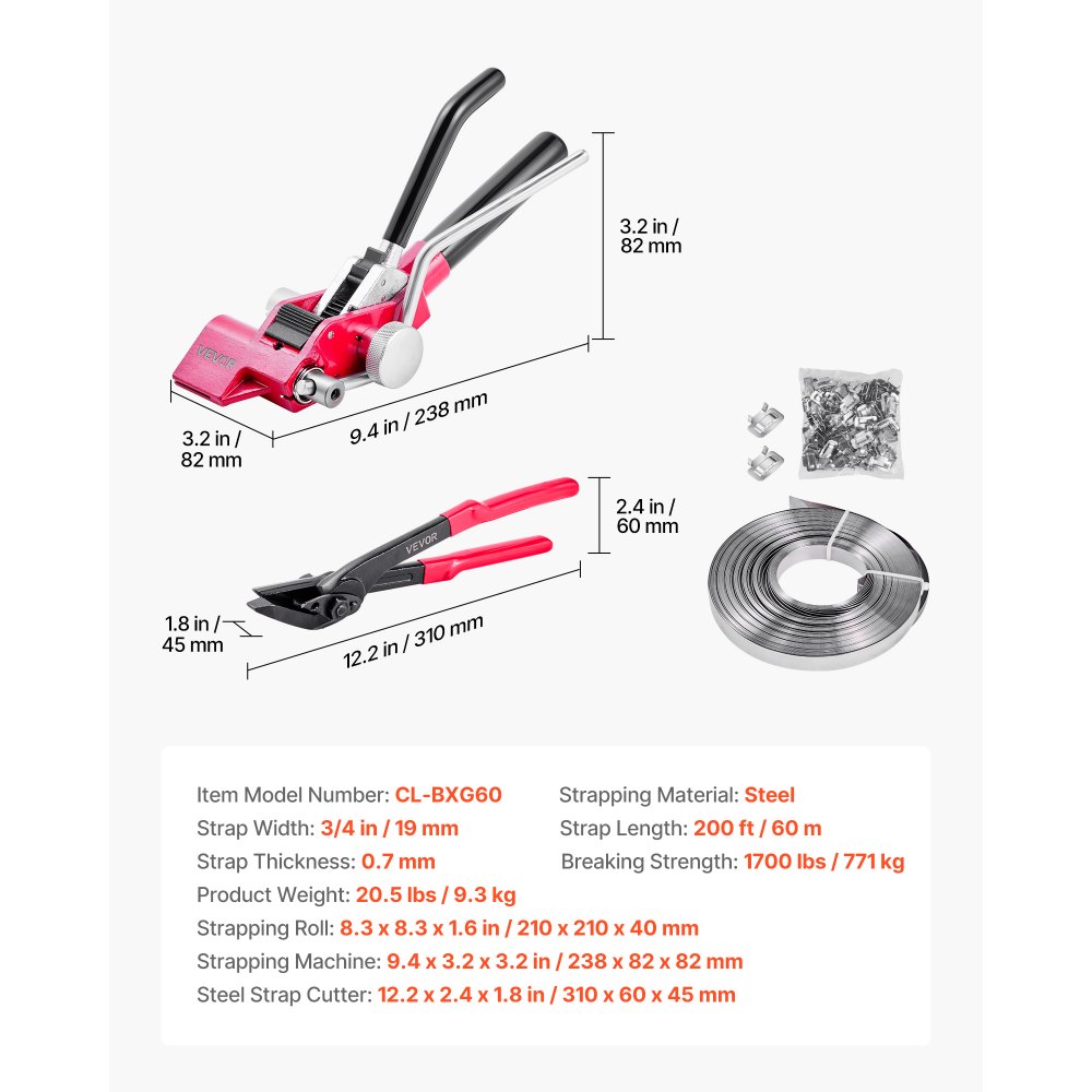 VEVOR Set di Reggiatura per Cinghie Metalliche, Rotolo di Reggiatrice Resistente in Acciaio da 60 m con 200 Fibbie Metallici, Kit di Reggiatrice Manuale Imballaggio per Magazzino Trasporto Trasloco
