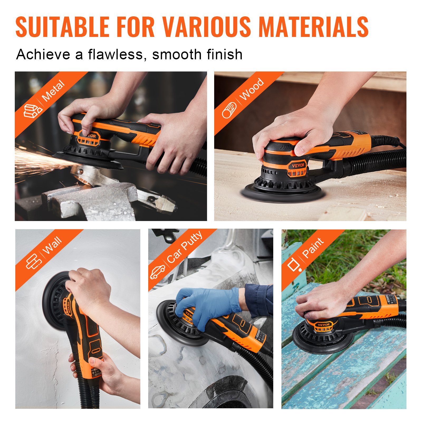 VEVOR 5 and 6 inch random orbital sander, brushless 350W random orbital sander, 10,000 PRM, 6 variable speeds, electric orbital sander with 20 sanding sheets, dust port and hose for detail sanding in woodworking