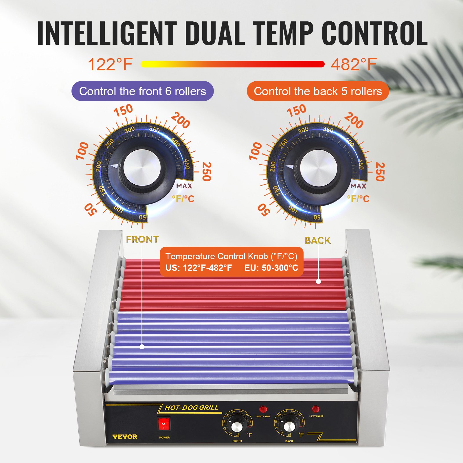 VEVOR Rullo per Hot Dog, 11 Rulli, Macchina per Grigliare Salsicce in Acciaio Inossidabile con Doppio Controllo della Temperatura, 30 Hot Dog, 2,2KW Coperchio Hot Dog Ripiano Riscaldante per Panini