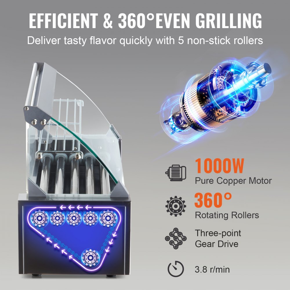 VEVOR Rouleau hot-dog, 5 Rouley, Grigliati a Macchina con Salsicce e Insolubili con Doppio Controllo della Temperatura, 12 hot-dog1000 W Macchina hot-dog con Couvercle, Autista Versa Petits Dolori