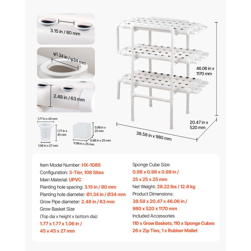 VEVOR Kit di Sistema di Coltivazione Idroponica a 3 Livelli e 108 Siti con Tubi in UPVC, Irrigazione Temporizzata, Tubi che Bloccano Sole e Luce, per Ortaggi da Interno, Giardino Domestico