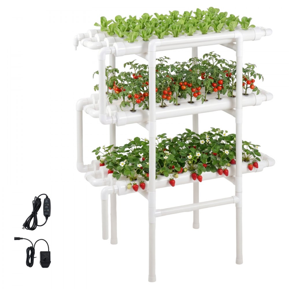 VEVOR Kit di Sistema di Coltivazione Idroponica con Tubi in UPVC a 3 Livelli e 108 Siti con Irrigazione Temporizzata, Tubi Idroponici Ispessiti, per Ortaggi da Interno per Frutta ed Erbe Aromatiche