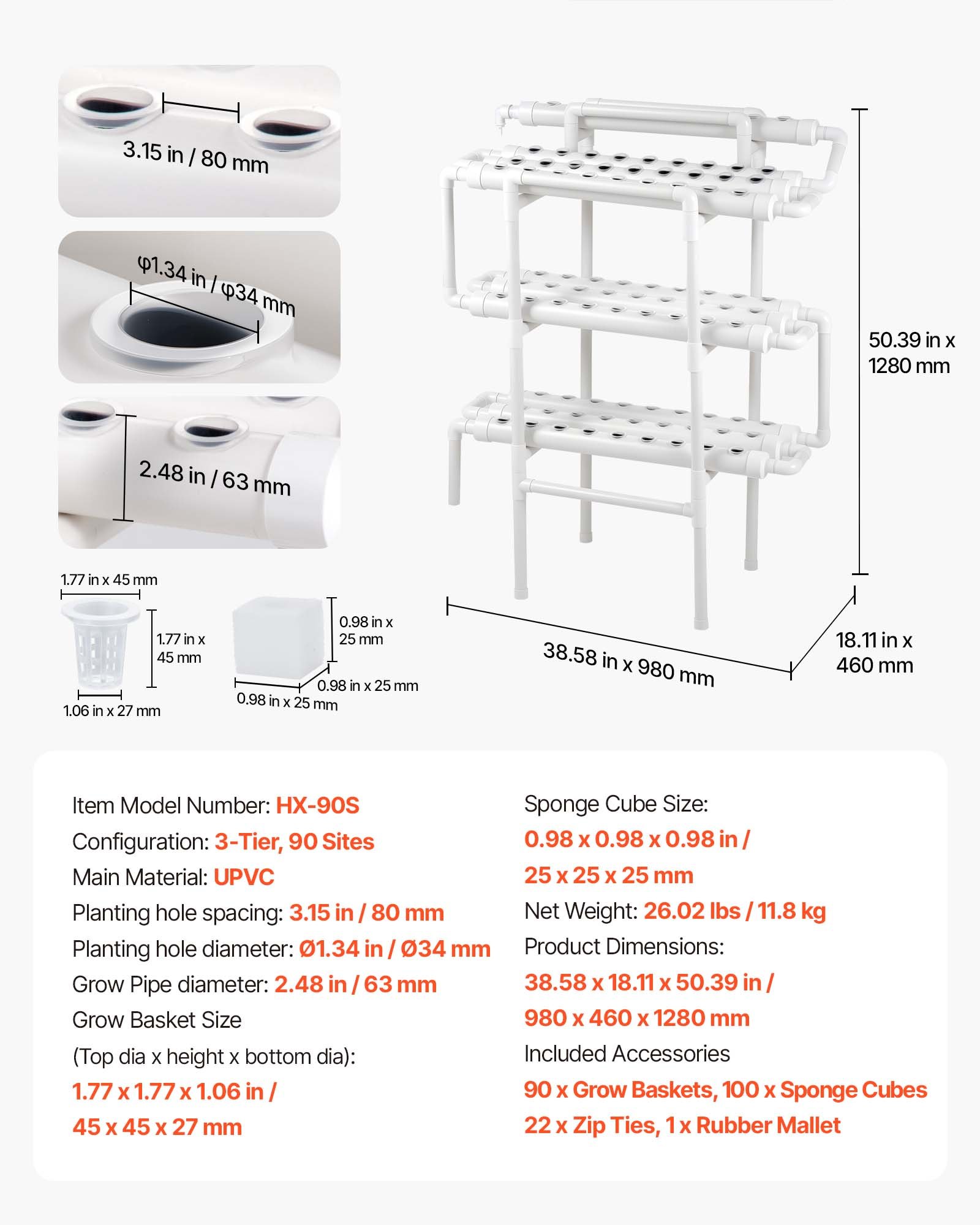 VEVOR Kit Sistema di Coltivazione Idroponica a 3 Livelli e 90 Siti con Tubi in UPVC, Irrigazione Temporizzata, Tubi che Bloccano Sole e Luce, Coltivazione per Ortaggi da Interno, Giardino Domestico