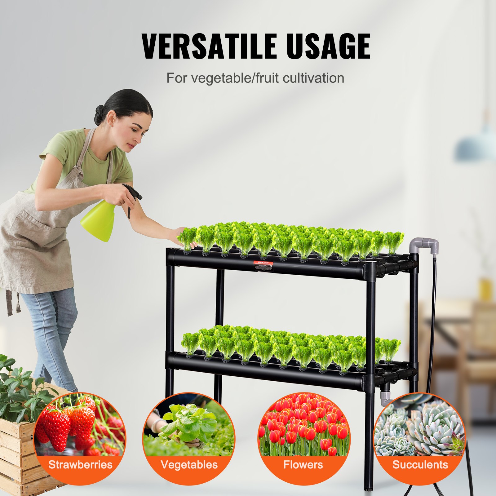 VEVOR Sistema di Coltivazione Idroponica, 72 Luoghi 2 Strati, Tubi in PVC Grigio Scuro Kit di Coltivazione Idroponica con Pompa dell'Acqua, Timer, Cestini e Spugne per Frutta, Verdura, Erbe