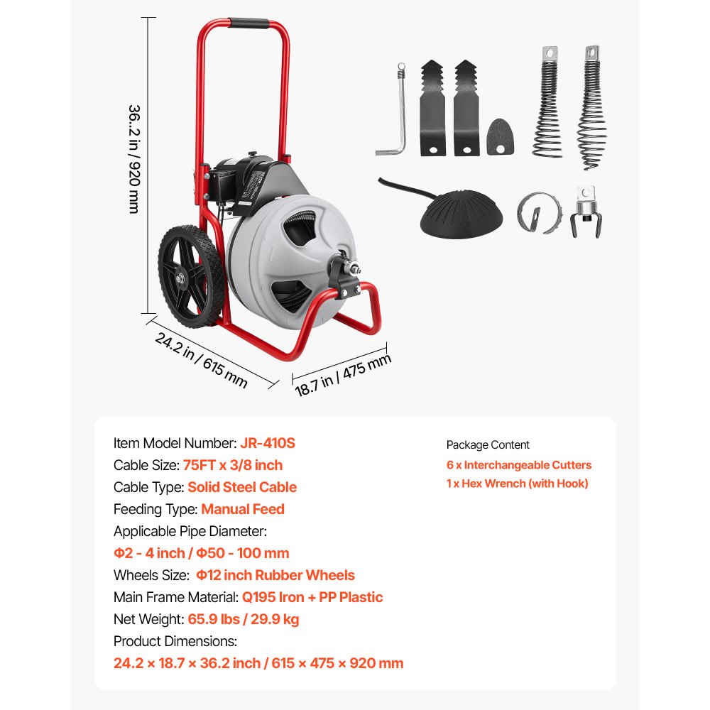 VEVOR Drain Cleaner Machine 22m x 9.5mm, Sewer Snake Auger Manual Feed on Wheels, Portable Drain Cleaning Machine with 6 Cutters & Air-activated Foot Switch for 50mm to 100mm Pipes