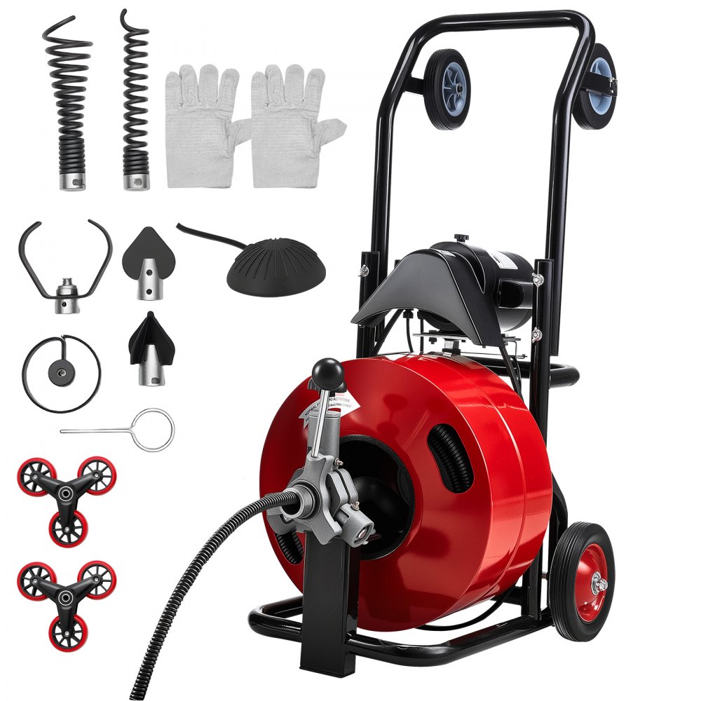VEVOR Drain Cleaner Machine 30m x 19mm, Auto Feed Sewer Snake Auger, Portable Drain Cleaning Machine with Multi-Wheel Combination, 6 Cutters & Air-Activated Foot Switch for 100mm to 200mm Pipes